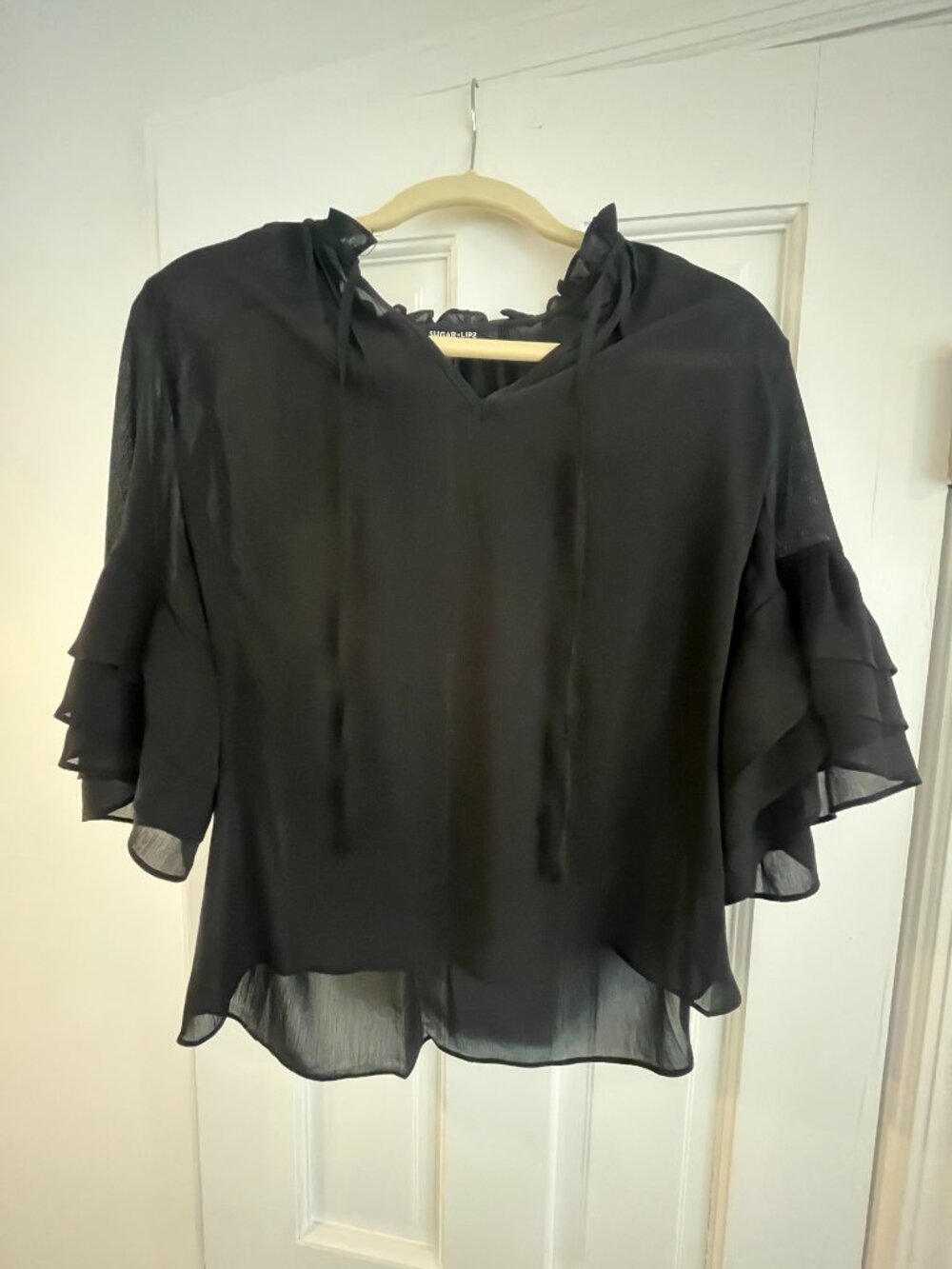 Sugarlips Black Ruffle Tie-Neck Blouse with Tiered Bell Sleeves - Size Small